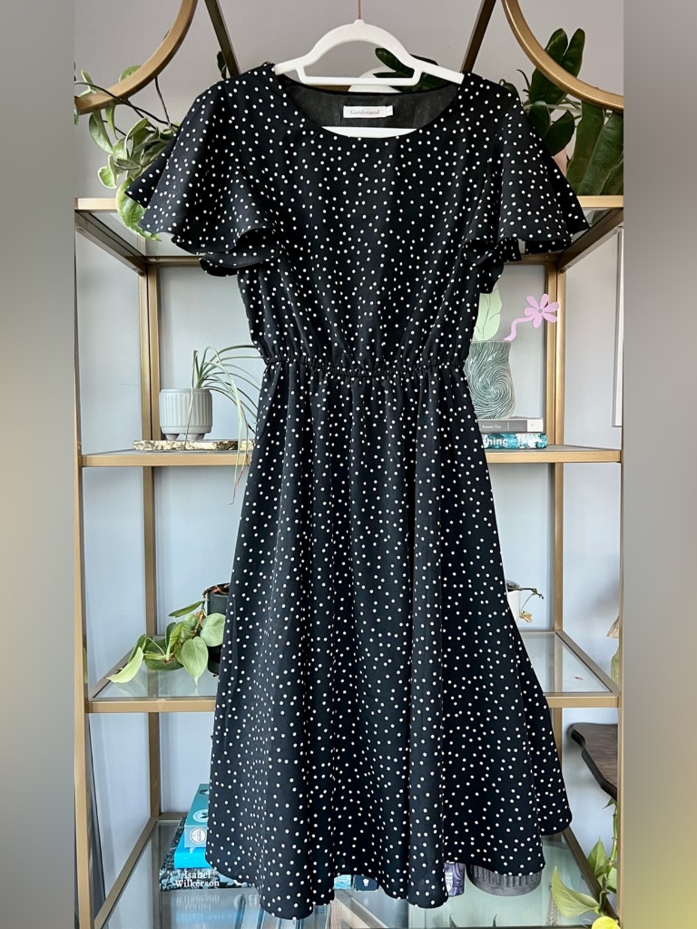 Gardenwed Black Polka Dot Flutter Sleeve Midi Dress in Size S